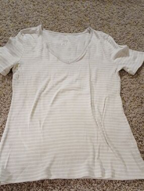 a new day Cream and White Striped V-Neck Short Sleeve Tee